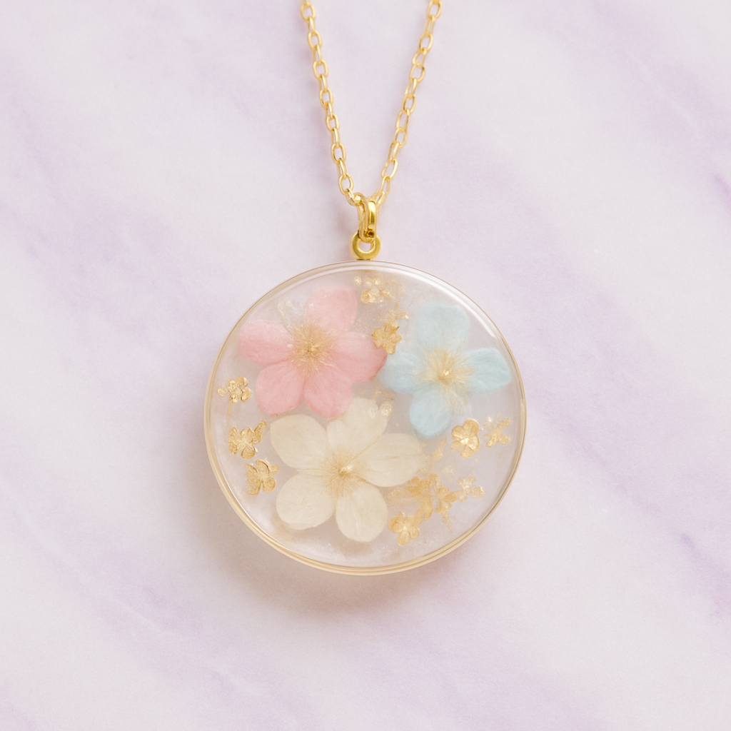 Custom handmade heart resin necklace with tiny blue flowers
